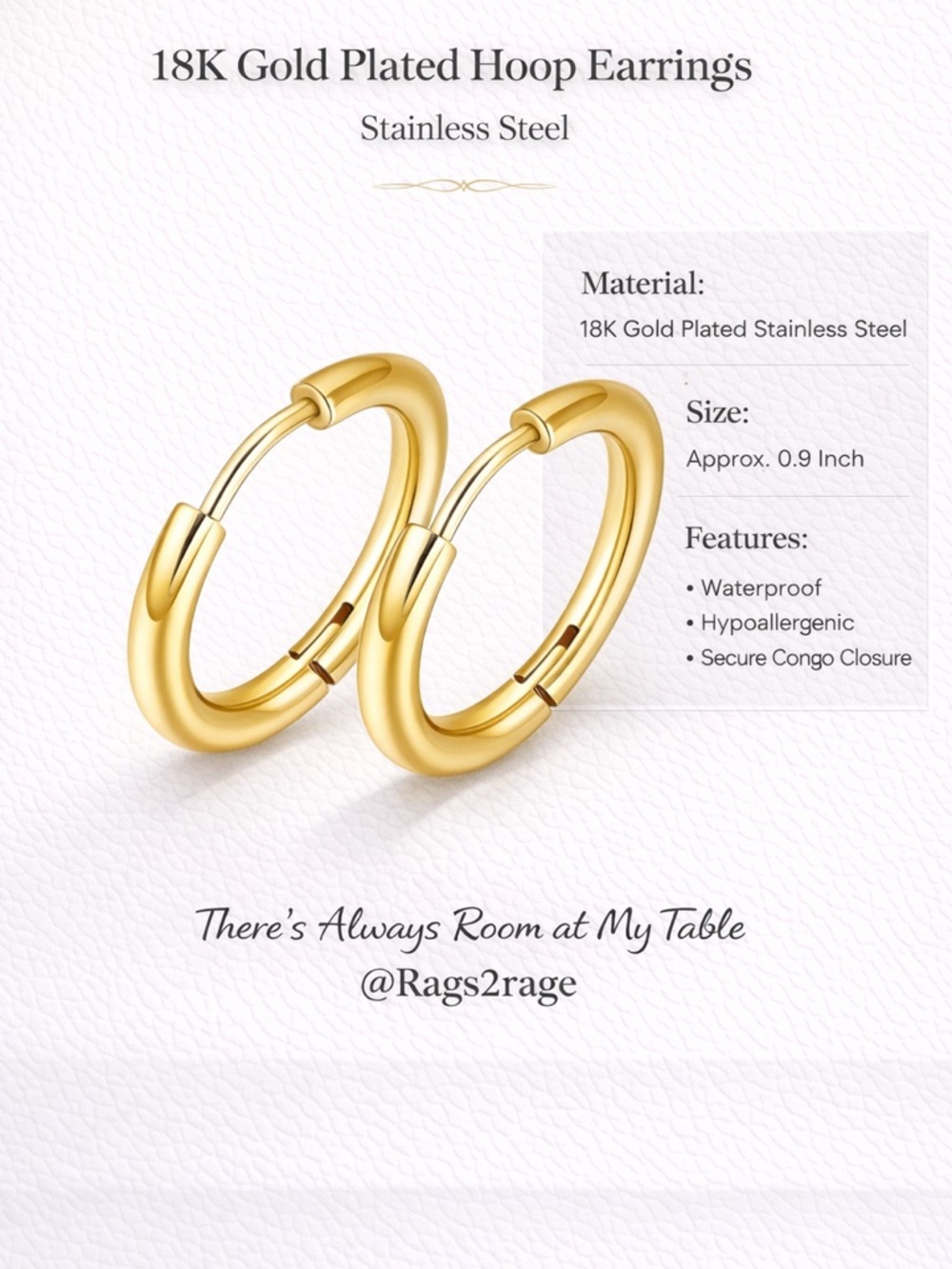 18K Gold Plated Hoop Earrings Stainless Steel Waterproof